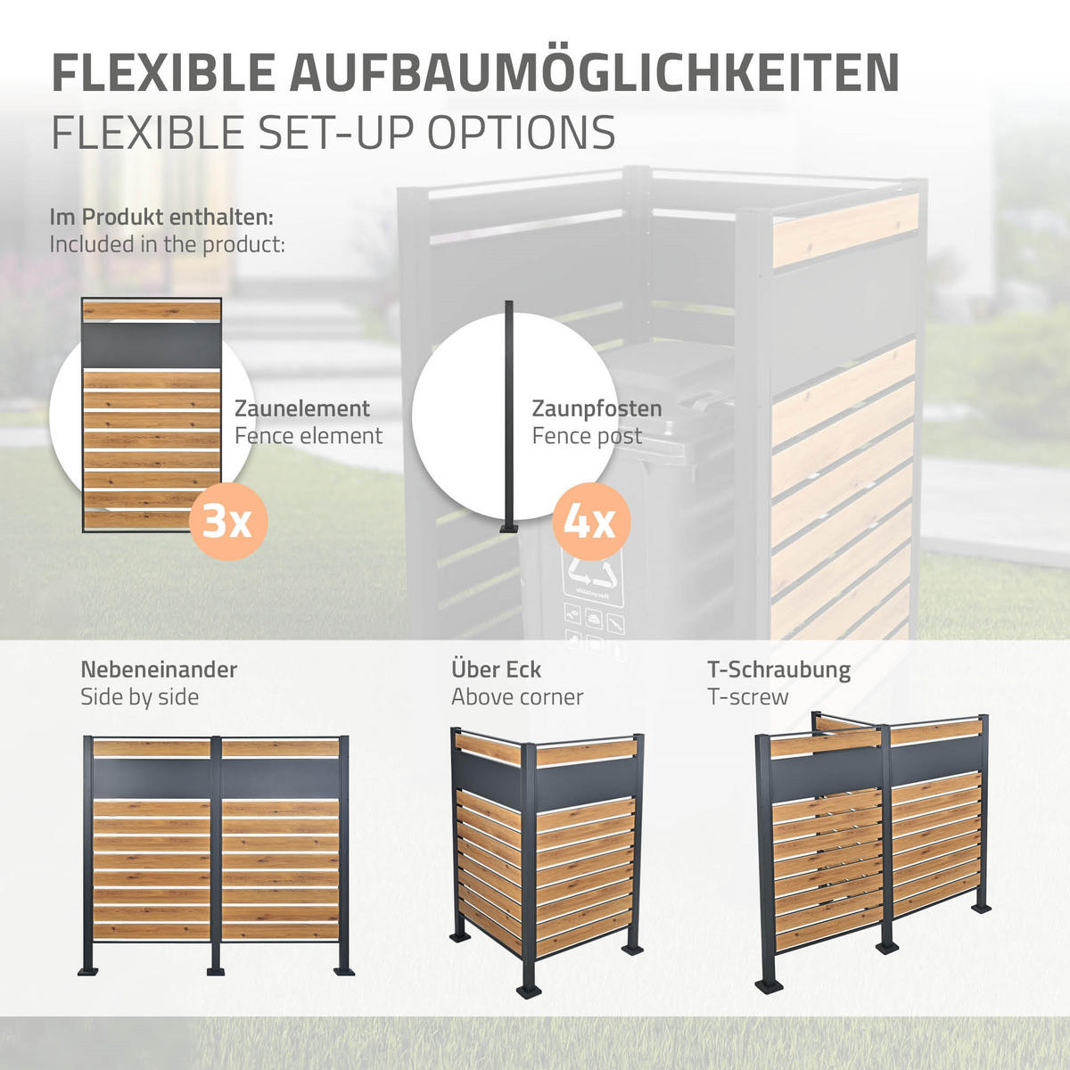 MÜLLTONNENZAUN 1er Anthrazit-Holzoptik - Multicolor, Metall (11/150/86cm) - ML-DESIGN