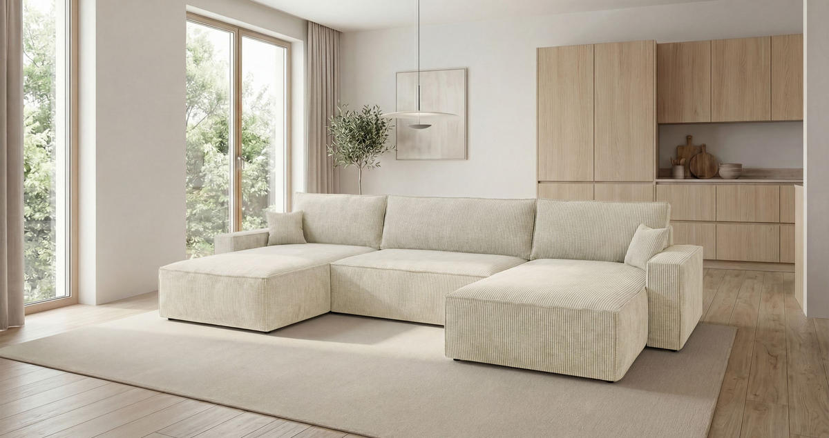 WOHNLANDSCHAFT VIENNA U-Form weiß Cord Poso 100 - Schlaffunktion, Bettkasten - Weiß, Textil (385/86/185cm) - Cornero