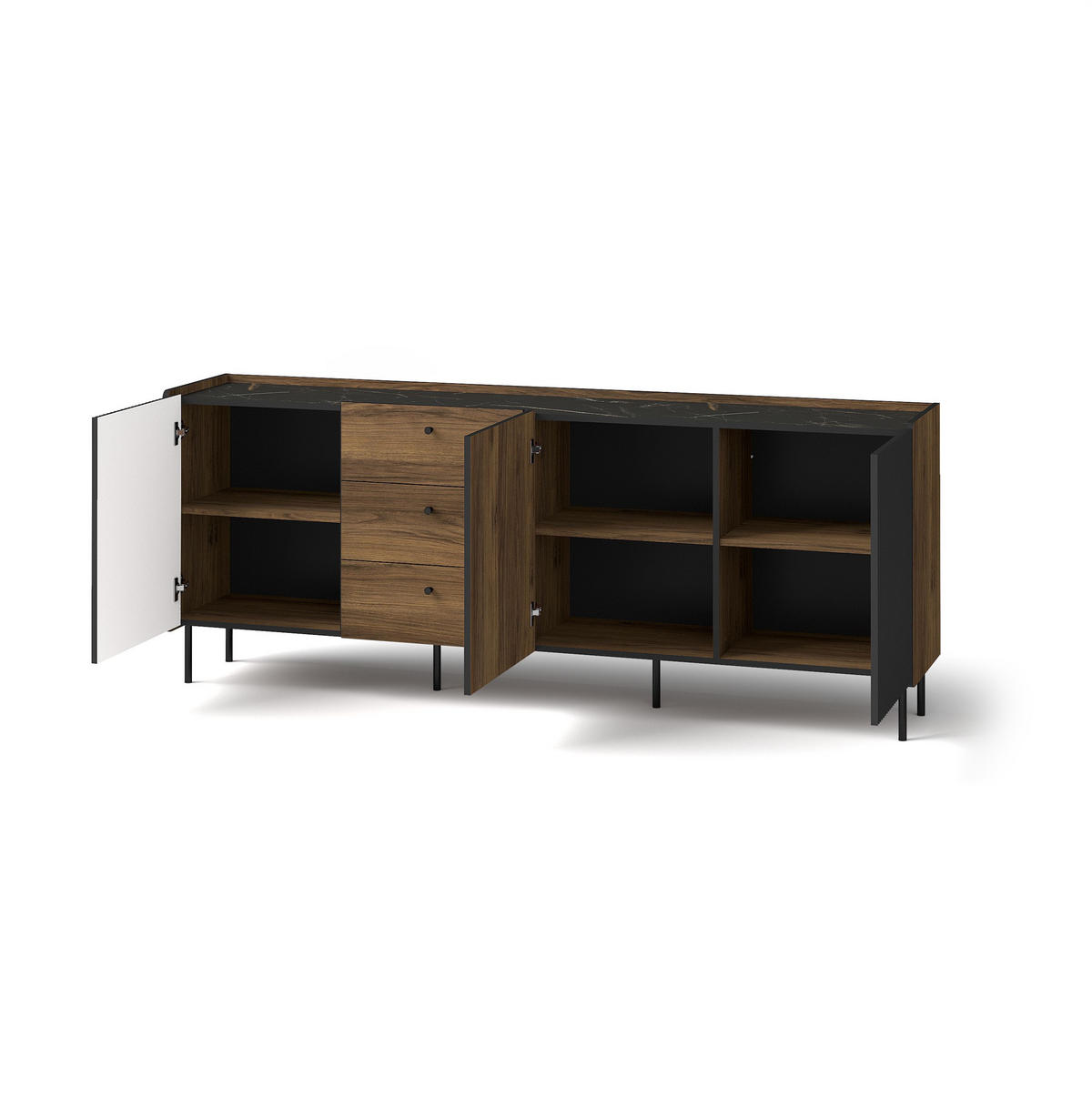KOMMODE Prestigo Schwarz, Warmia Walnuss, Dreitürige Kommode mit Schubladen - Walnussfarben/Schwarz, Holzwerkstoff (200/78/40cm) - Bettso