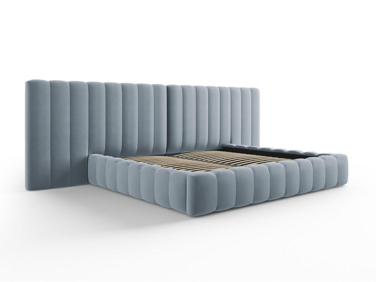 BETT mit Bettkasten und Doppelkopfteil Kelp aus Samt hellblau 200x200cm - Hellblau, Textil (200/200cm) - Micadoni