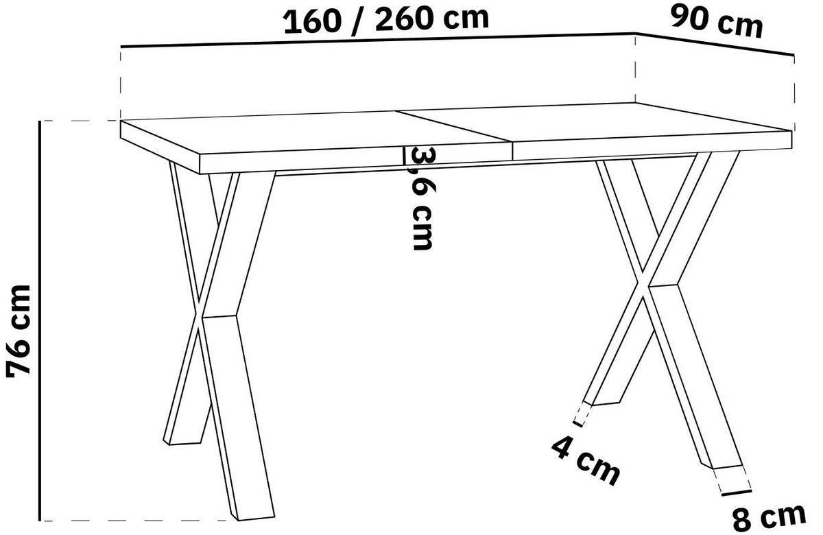 ESSTISCH Luiza rechteckig ausziehbar, Lancelot Eiche 160-260/90/76 cm - Eichefarben/Weiß, Holzwerkstoff/Metall (160/90/76cm) - WFL GROUP
