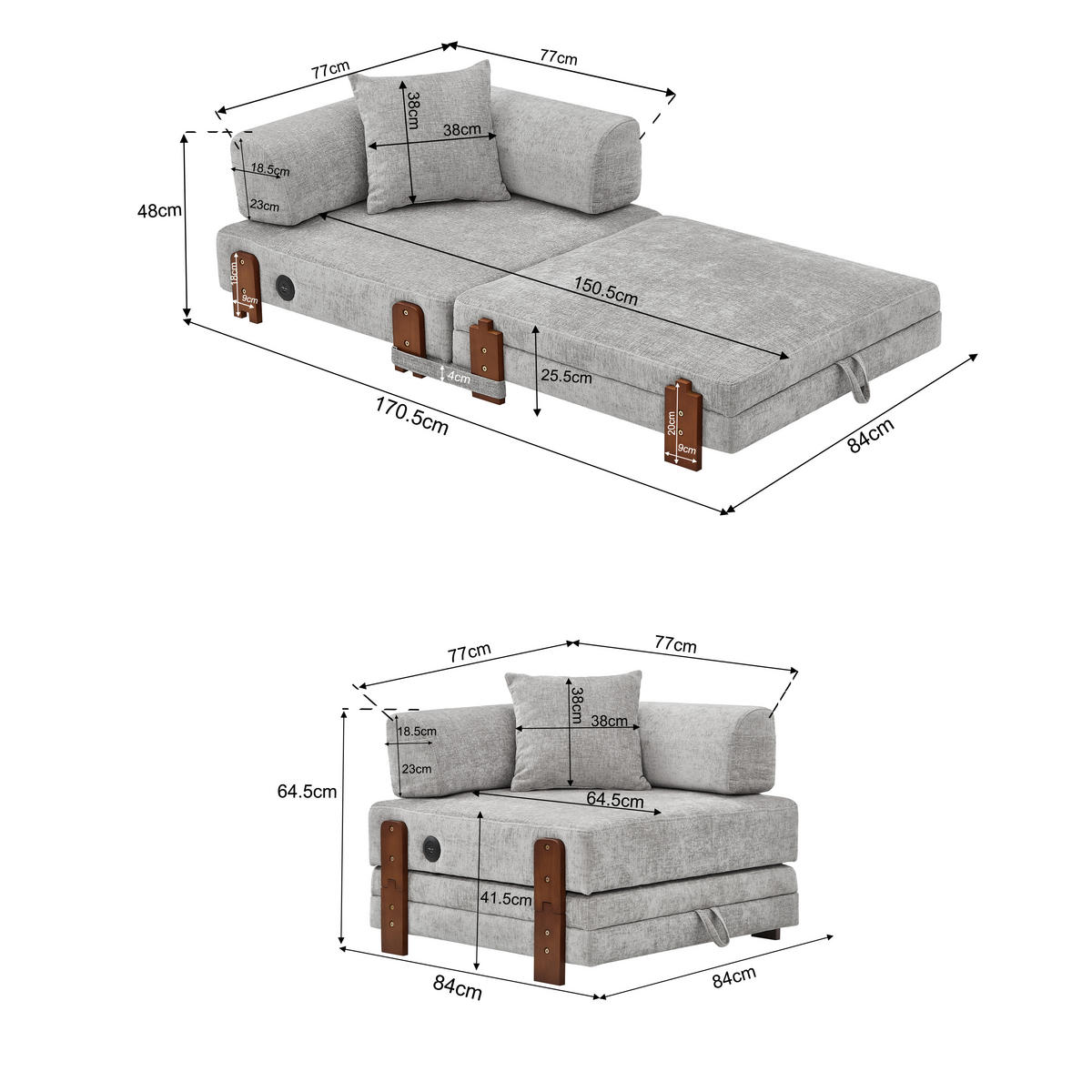 SCHLAFSOFA DE-35099 mit USB und Stauraum Hellgrau - Hellgrau, Textil (170.5/48/84cm) - ComfortXL