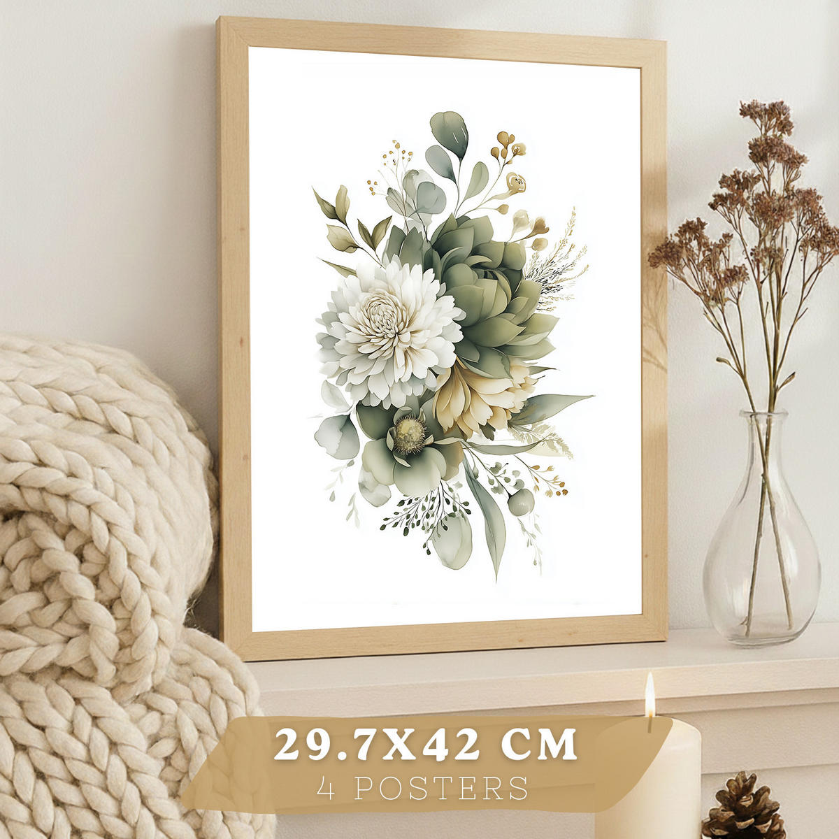 PLAKAT Sada 4 boho botanických uměleckých tisků. Akvarelové květinové nástěnné umění. Velikost Světlý dřevěný rám A3 - béžová, papír (29.7/42/3cm) - Nacnic