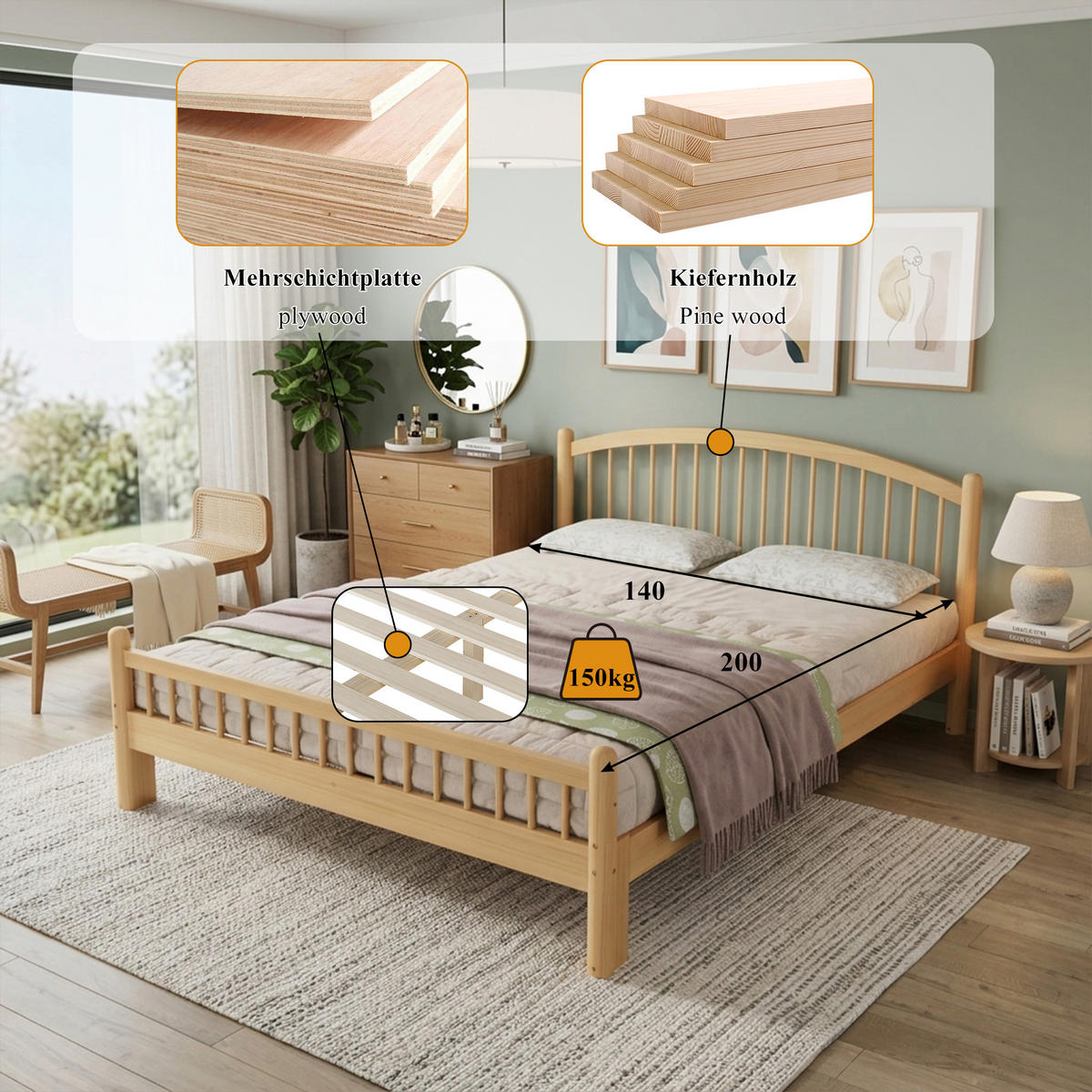 BETT 140/200 cm in Beige & Natur Massivholz mit Lattenrost Gitter-design - Naturfarben, Holzwerkstoff (140/200cm) - STILVORA