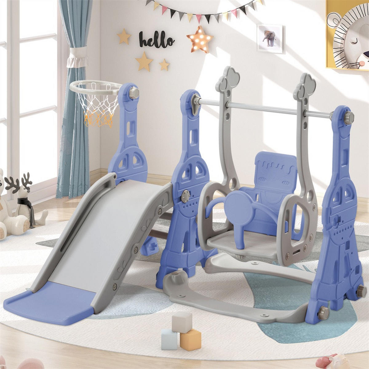 KINDERRUTSCHE mit Klettergerüst, Schaukel, Basketballkorb und Leiter - Blau-Grau - 4-in-1 Multifunktions-Spielplatz - Blau, Kunststoff (118/85/140cm) - DELFA