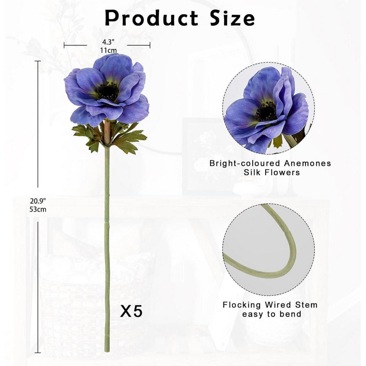 KUNSTBLUMEN 5er Set Anemonen Blau 53 cm - Blau, Kunststoff (53cm)