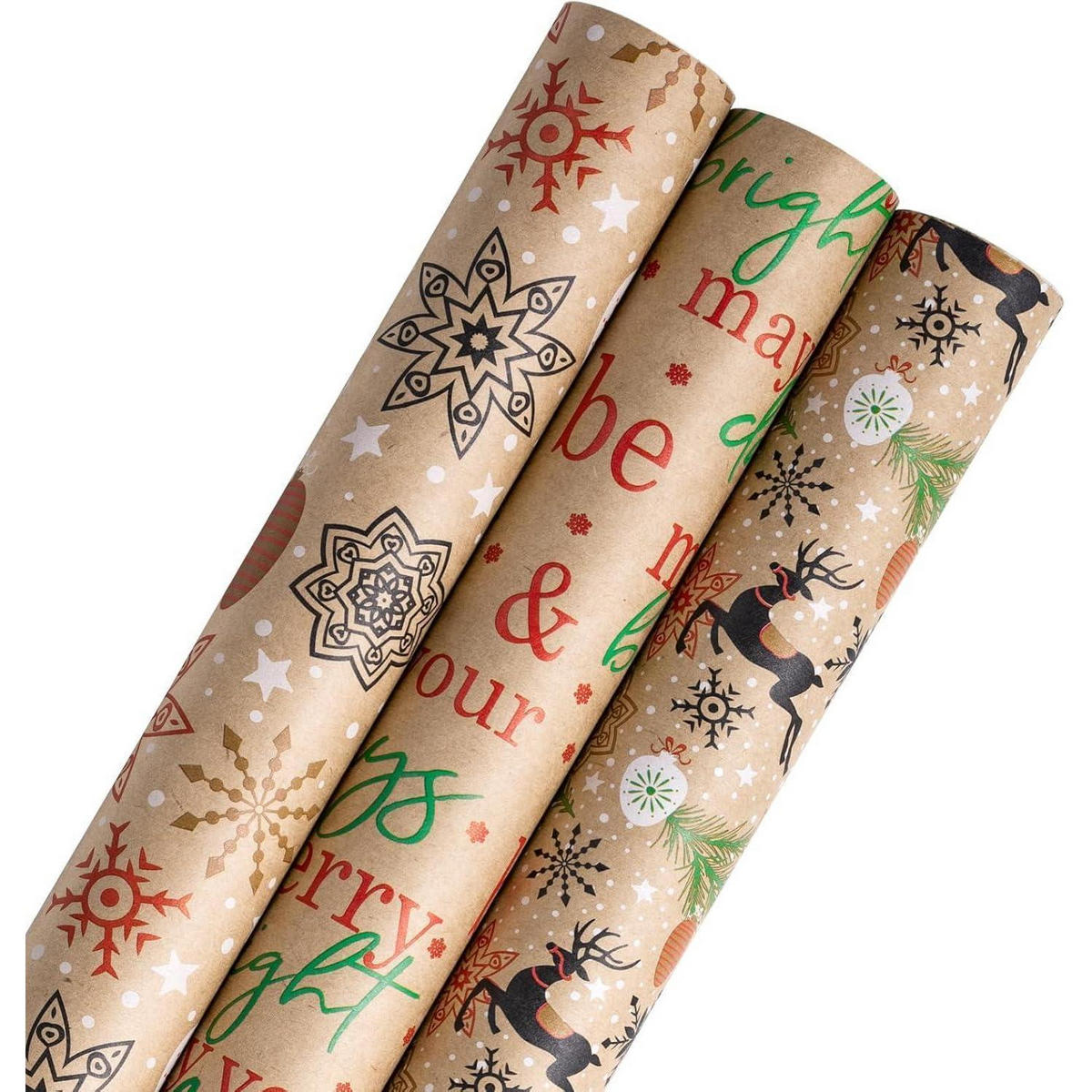 GESCHENKPAPIER 3er Set Kraftpapier Weihnachten 43,2 cm x 3 m - Multicolor, Papier (4/44/10cm)