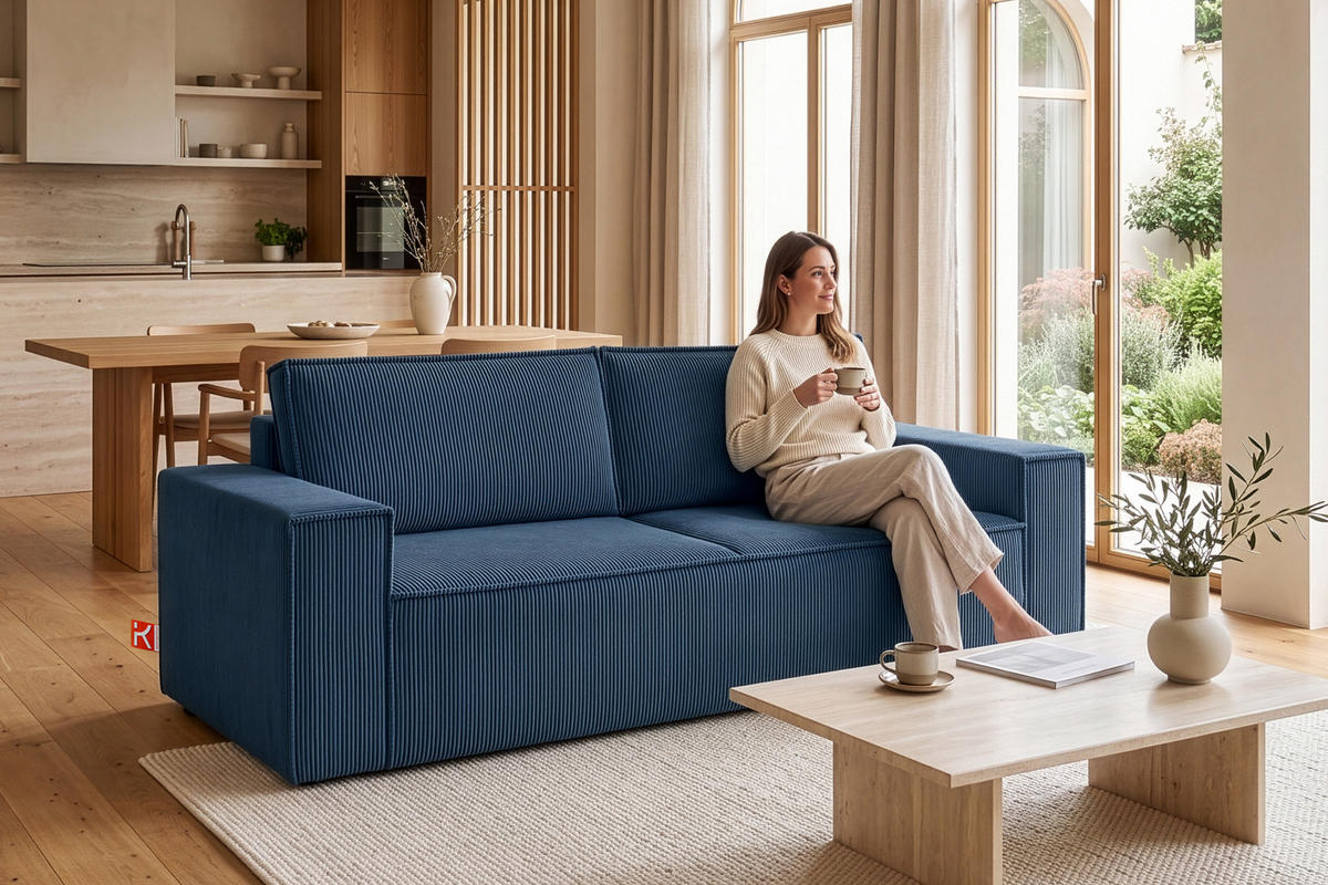 3-SITZER-SCHLAFSOFA NAPI in Pet Friendly Cord-Stoff, Marine - Blau/Schwarz, Textil (244/89/101cm) - KONSIMO®