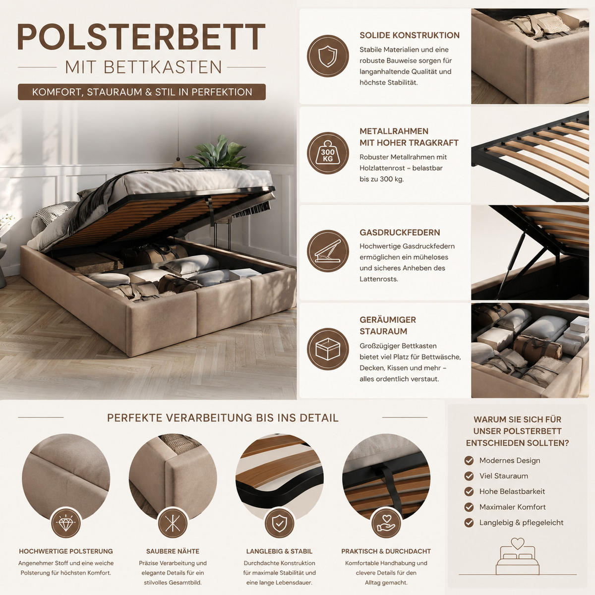 POLSTERBETT für Schlafzimmer Bett mit Stauraum Creme 90x200cm - Creme, Holzwerkstoff/Textil (90/200cm) - Muralo