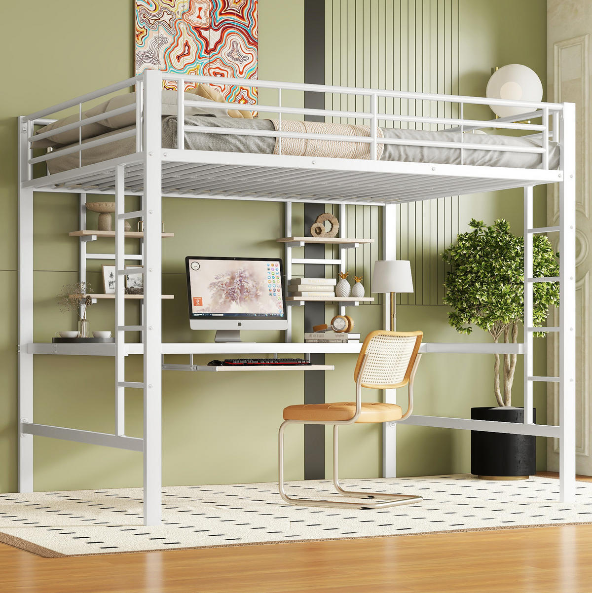 HOCHBETT 140/200 cm aus Metall mit Schreibtisch und 2 Regalen, Weiß - Weiß, Metall (140/200cm) - Flora Grace