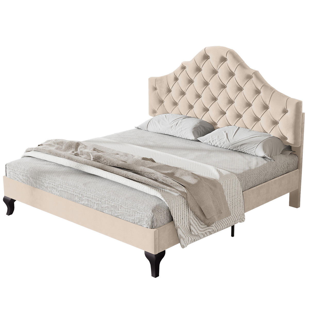 POLSTERBETT 140/190 cm beige aus Samt mit höhenverstellbarem Kopfteil - Beige, Textil (140/190cm) - OKWISH