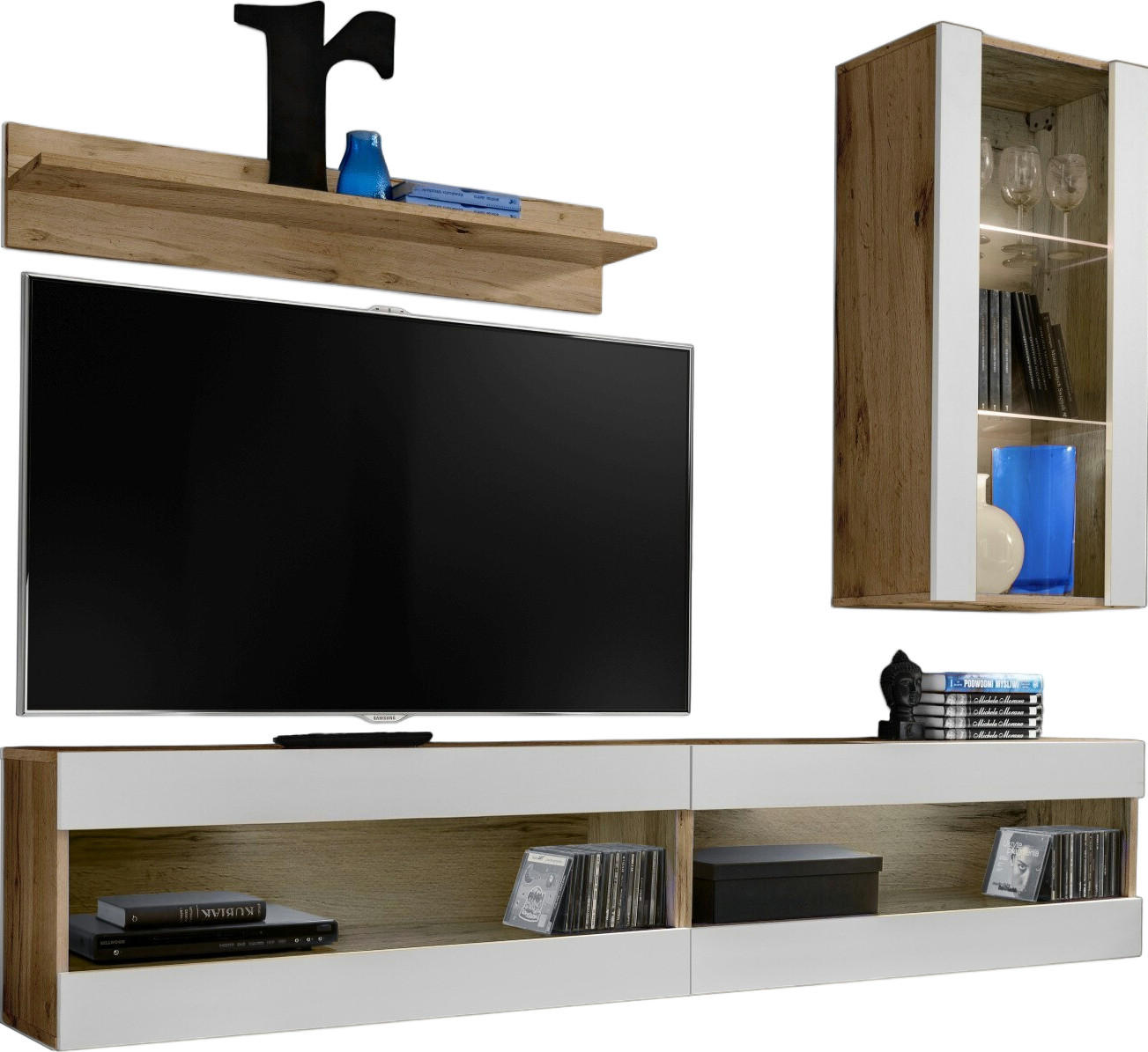 WOHNWAND 4-er Set, TIVOLI SET5 Wotan + Weiß, Offener Raum - Weiß/Braun, Glas/Holzwerkstoff (240/195/35cm) - Komodee