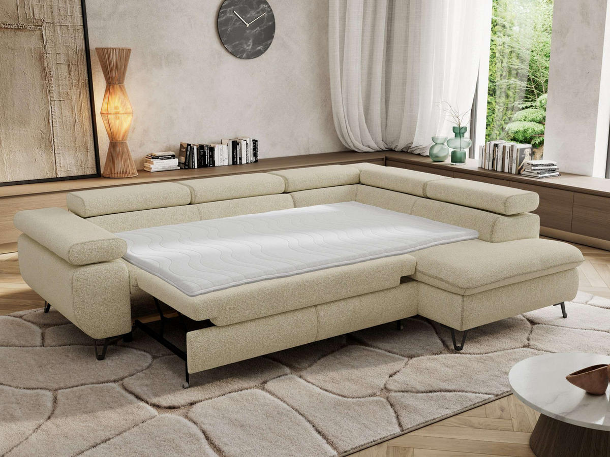 ECKSOFA PABLO L Creme Struktur - Rechts Seite mit Visco Topper - Creme/Schwarz, Textil/Metall (273/208cm) - MKS