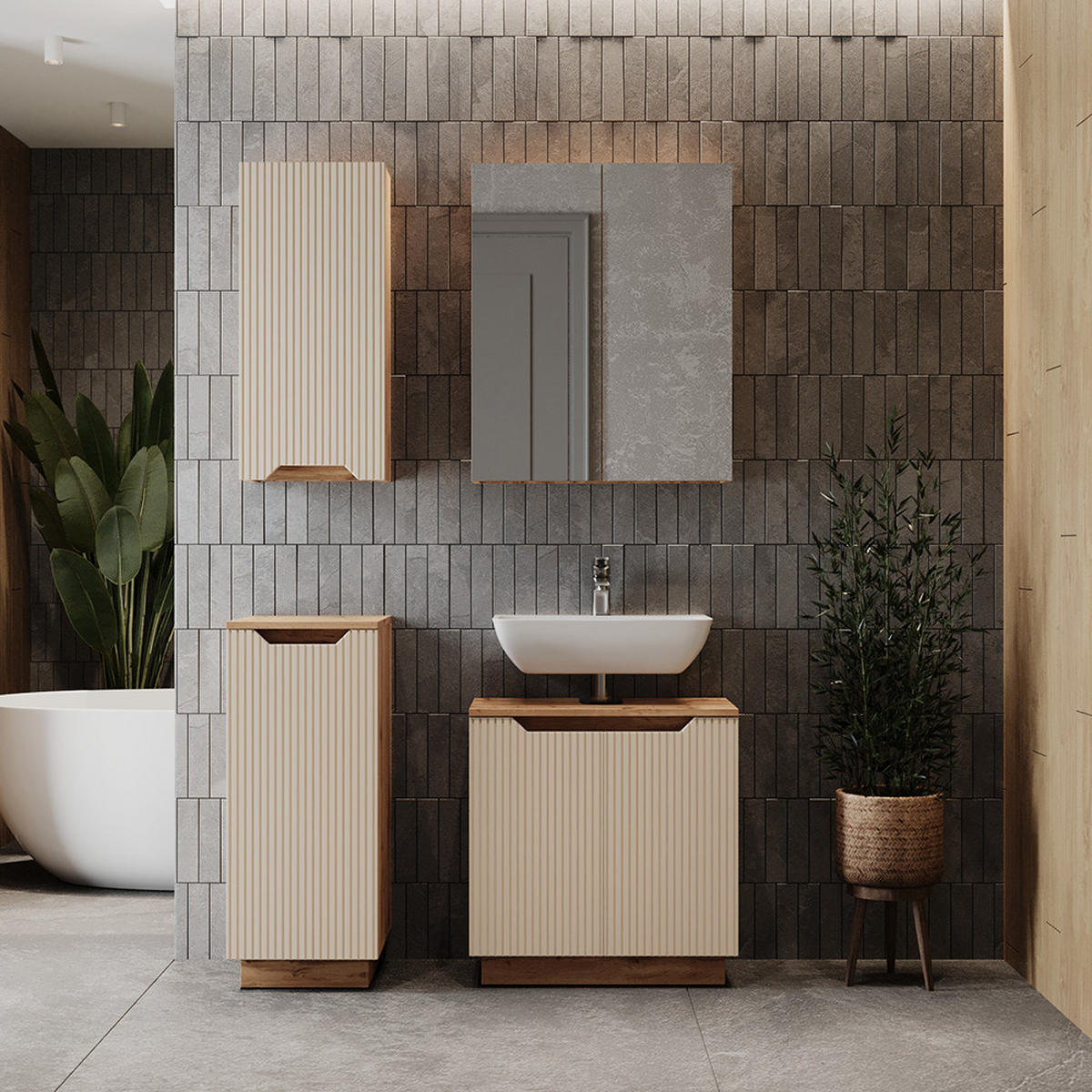 BADMÖBEL-SET Lotta Eiche/Kaschmir gestreift 4 Teile - Kaschmir, Holzwerkstoff (59.8/62.1/32cm) - Vicco