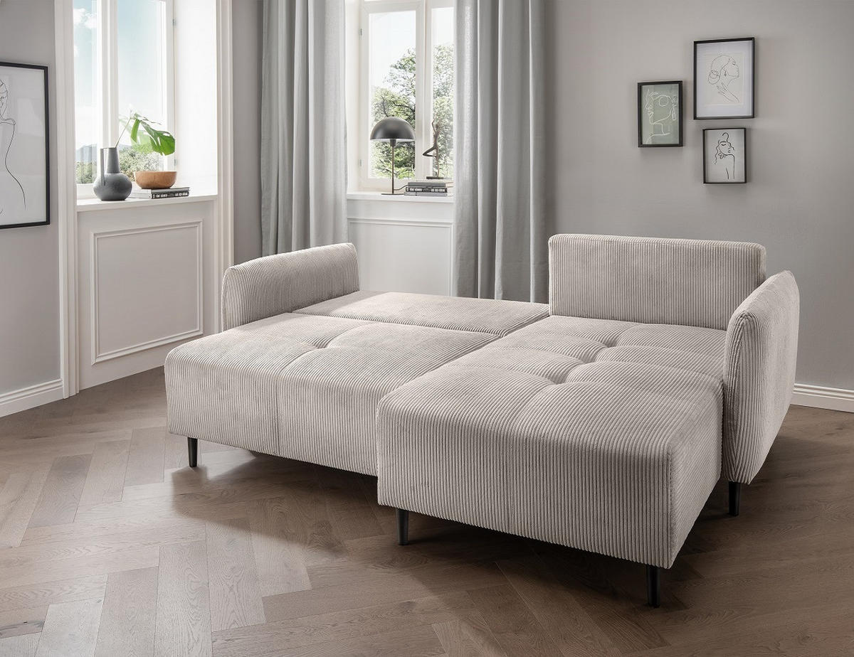 ECKSOFA mit Schlaffunktion und Bettkasten, Cord, beidseitig montierbar - Beige/Schwarz, Holz/Textil (238/174cm) - myHomelando