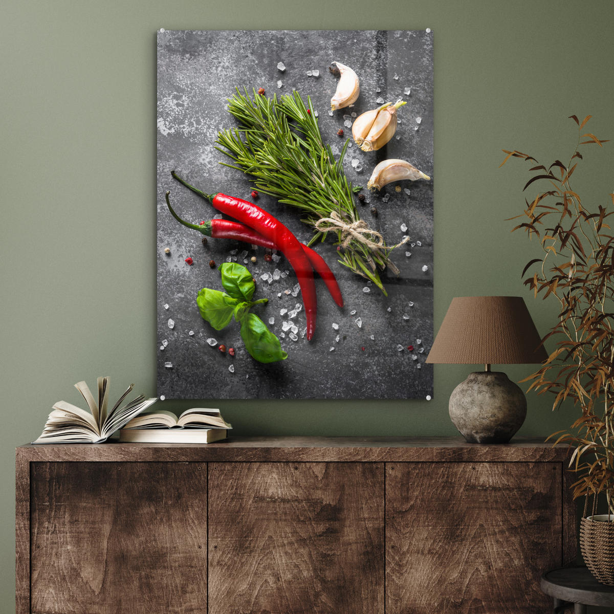 OBRAZ NA AKRYLOVOM SKLE Korenie - bylinky - korenie - betón 60x80 cm - tmavosivá, sklo (60/80cm) - MuchoWow