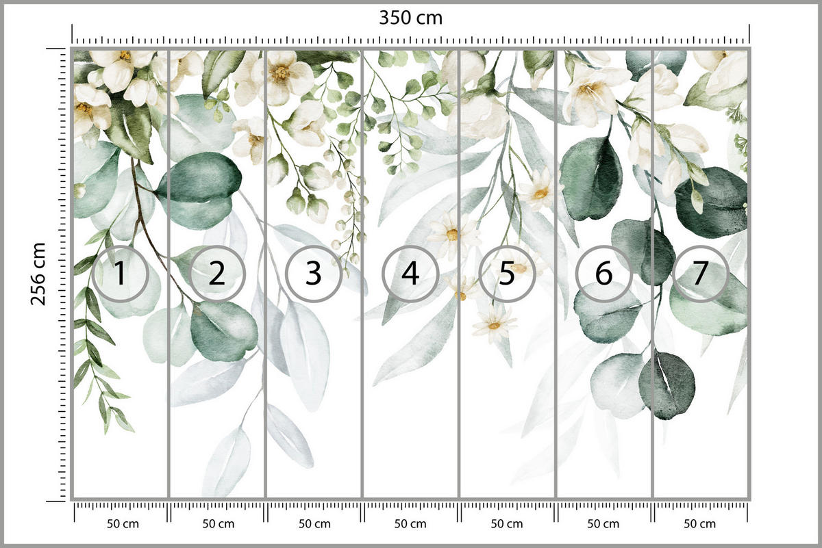 FOTOTAPETE für Schlafzimmer Aquarell Blätter Blumen Weiß 350x256 - Gelb/Weiß, Papier (350/256cm) - Muralo