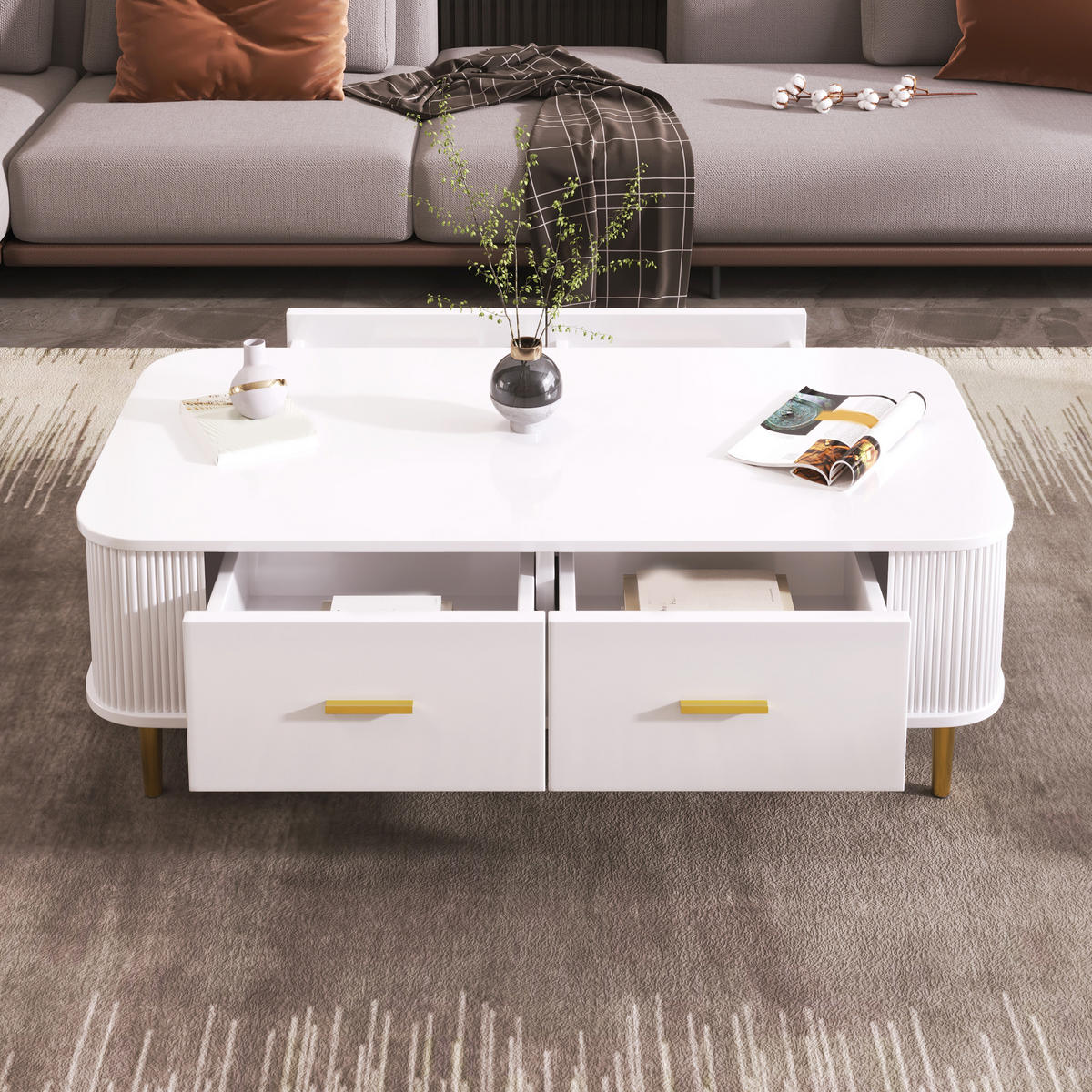 COUCHTISCH mit Schubladen geschwungenen Ecken goldenen Griffen Weiß - Goldfarben/Weiß, Holzwerkstoff (105/51/38cm) - EVRYAE
