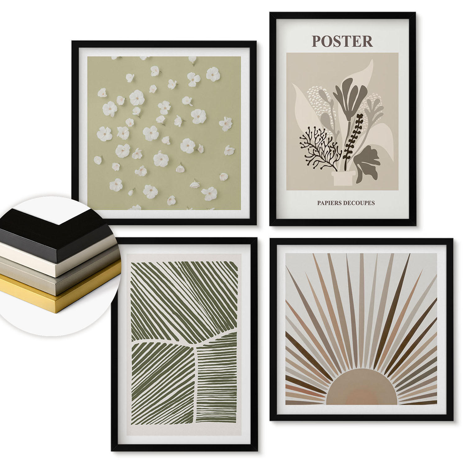 WANDBILDER 4er-Set - 50x50 cm & 40x60 cm Schwarzer Rahmen - Pflanzenmotive in gedeckten Farben - Schwarz, Kunststoff (50/50cm) - ArtPrintCave