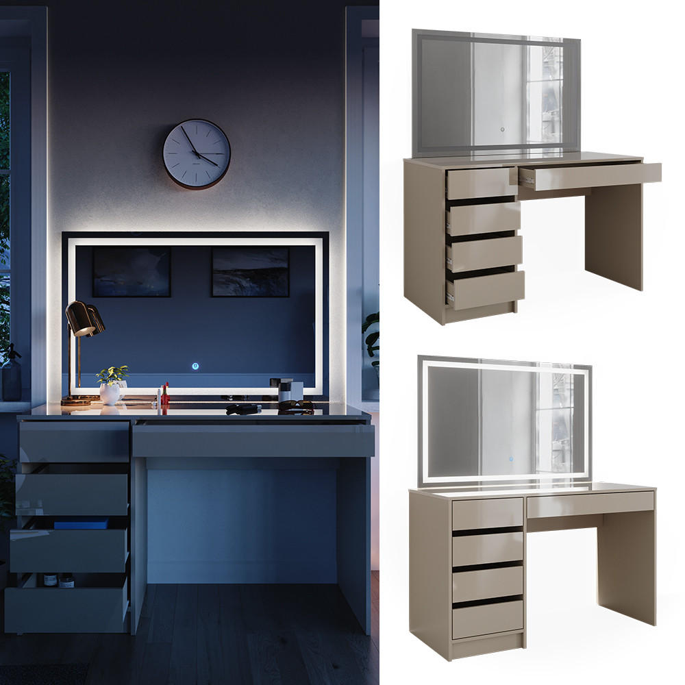 SCHMINKTISCH Sherry Greige Hochglanz 120 cm mit LED-Spiegel - Greige, Holzwerkstoff (120/75/55cm) - Vicco