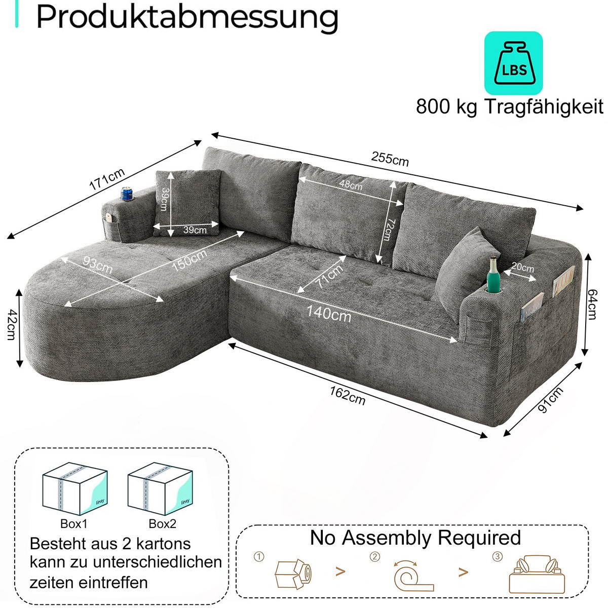 ECKSOFA L-Form montagefrei mit Edelstahl-Becherhalter, Seitentaschen und Leinenoptik, Grau - Grau, Textil (255/170cm) - Redom