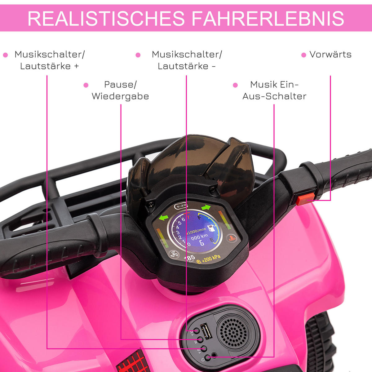 MINI ELEKTRO-QUAD KINDER, Schwarz/Grün/Rosa/Rot, Metall+ PP-Kunststoff - Rosa, Metall (70/42/45cm) - HOMCOM