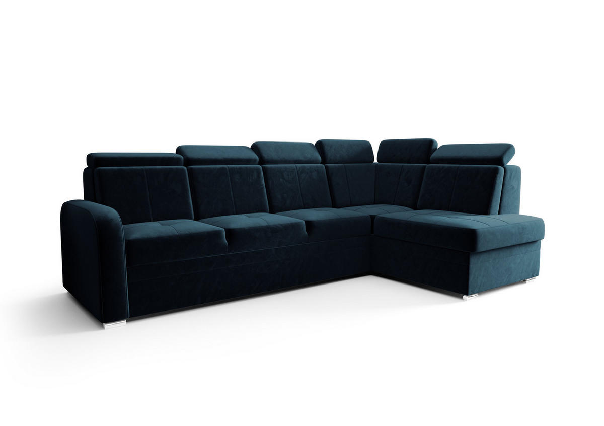 ECKSOFA KONGO RBN11, Eckcouch in L-Form mit Schlaffunktion, Farbe: Blau, Velourstoff, Ottomane Rechts - Blau, Textil (304/180cm) - O-Sofa