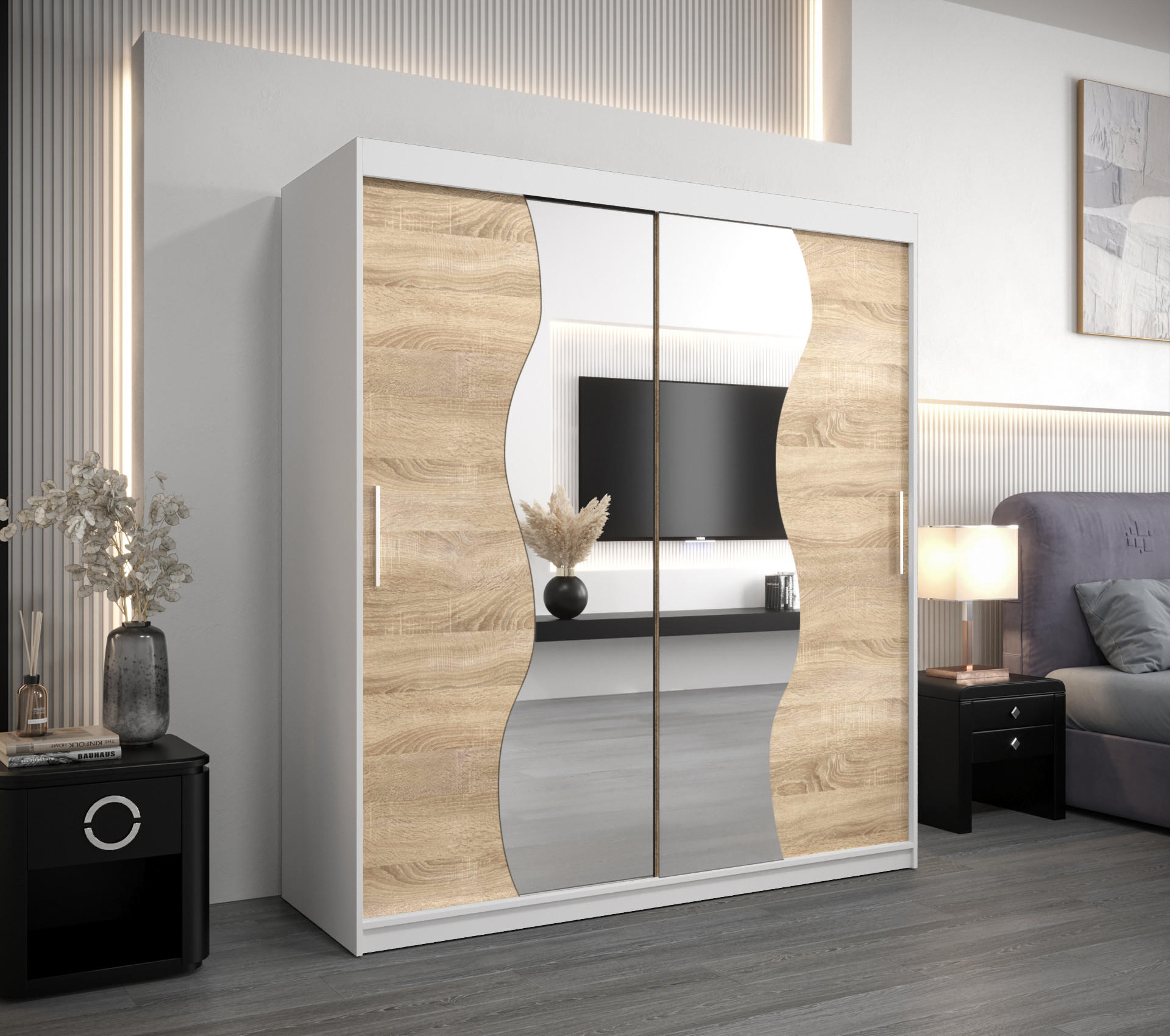 SCHWEBETÜRENSCHRANK 200/180/62 2-türig - Silberfarben/Weiß, Holz/Kunststoff (180/200/62cm) - Abiks Möbel
