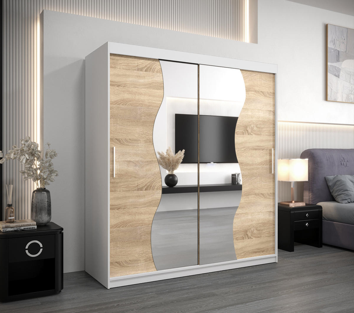 SCHWEBETÜRENSCHRANK 200/180/62 2-türig - Silberfarben/Weiß, Holz/Kunststoff (180/200/62cm) - Abiks Möbel