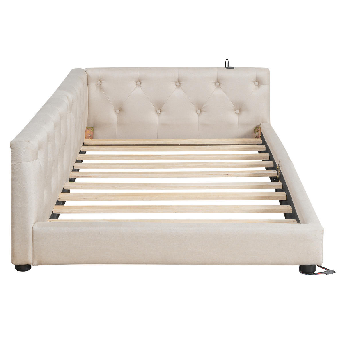 DENNÁ posteľ z ľanu a MDF 90x200 cm béžová s LED osvetlením, USB a USB-C portom - béžová, textil (90/200cm) - Modfu