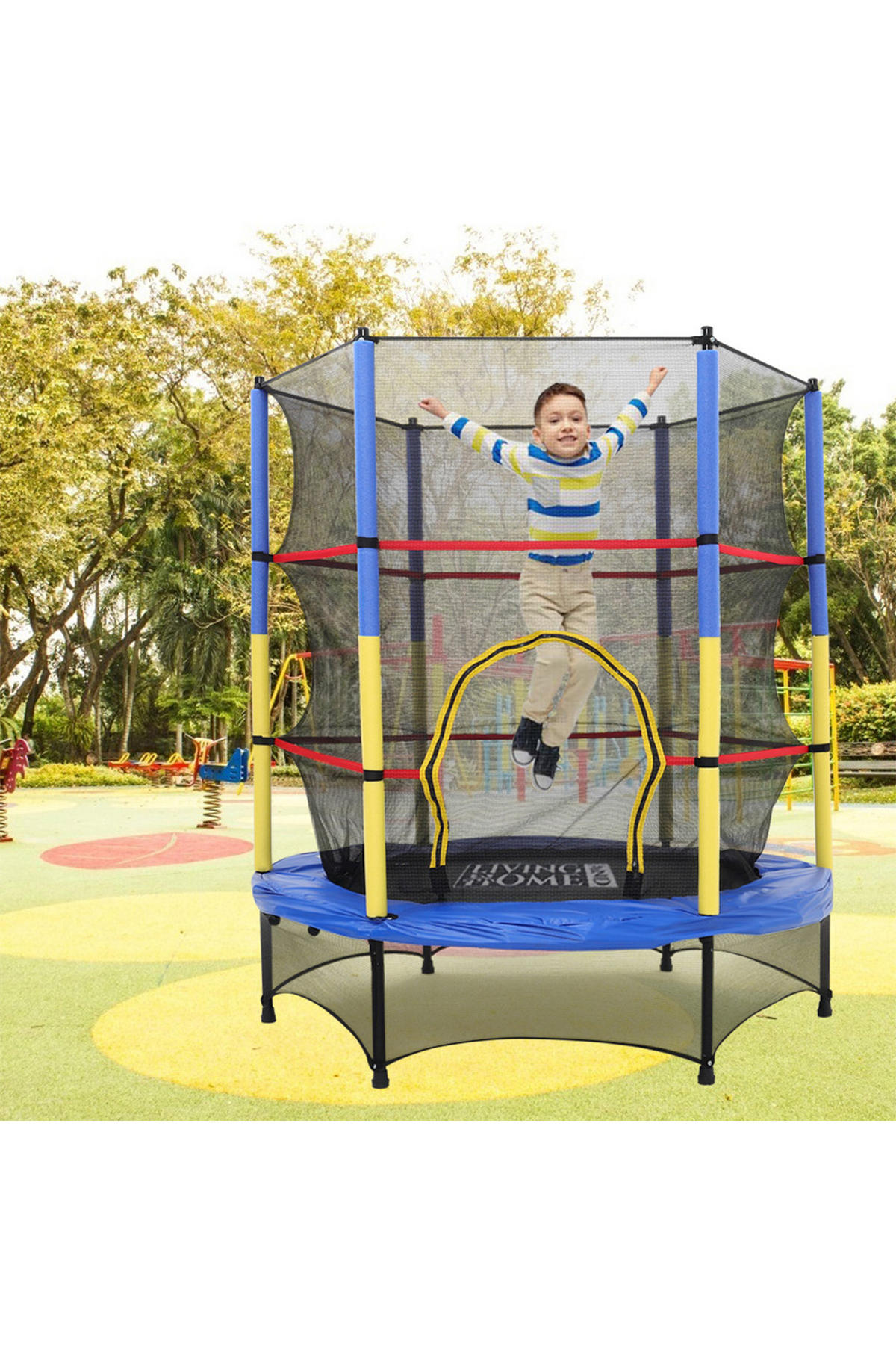 TRAMPOLIN mit Sicherheitsnetz aus Stahl, PP, EPE, Gummiseile in Blau + Gelb + Schwarz für Kinder 137.16 cm Durchmesser x 160 cm Höhe - Schwarz, Metall (137/137/160cm) - Livingandhome