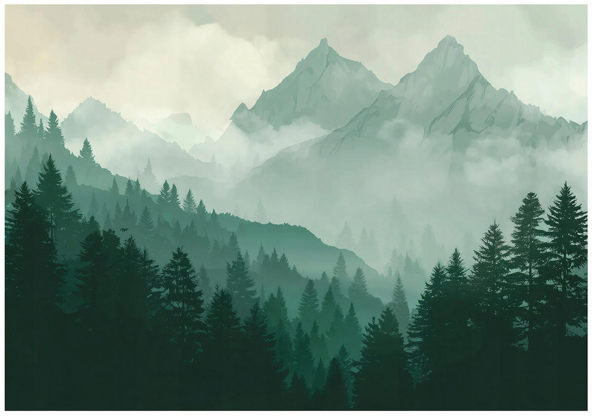 FOTOTAPETE Wald Gebirge Grün 350x250 cm - Multicolor, Papier (350/250cm) - Wallarena