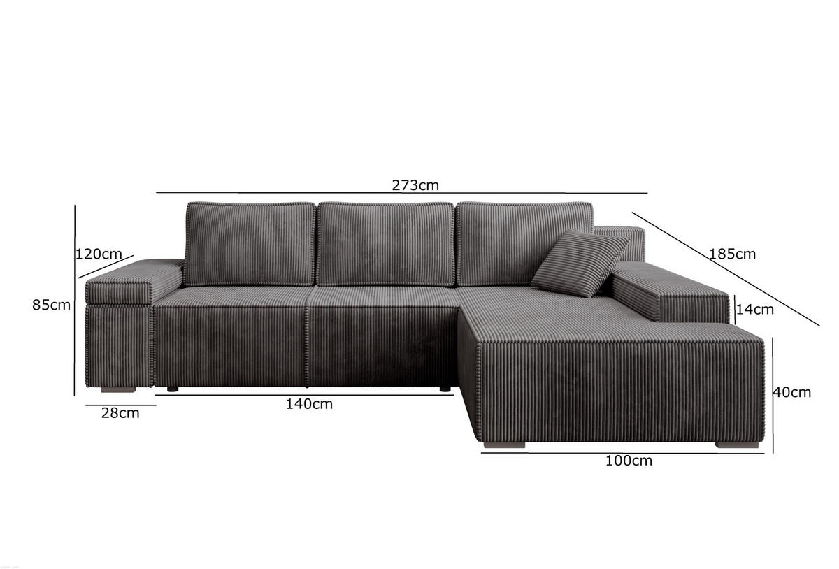ECKSOFA Milo mit Schlaffunktion und Bettkasten, Couch L-Form, Cord-Stoff, 273x85x185 cm, Dunkelgrau - Dunkelgrau, Holz (273/185cm) - PROMETO Möbel