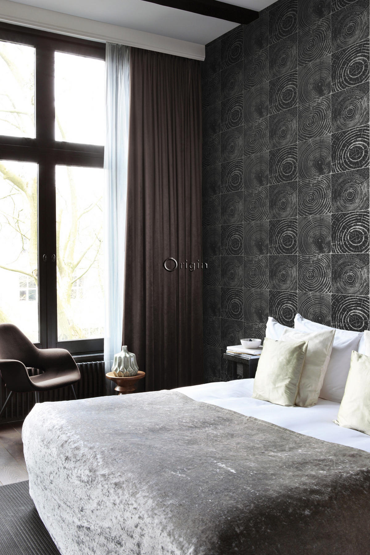 TAPETE Querschnitte von Baumstämmen 53 cm x 10.05 m - Schwarz, Papier (53/1000cm) - Origin Wallcoverings