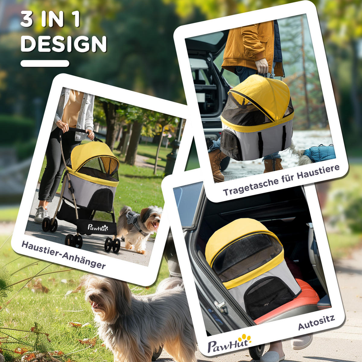 HUNDEWAGEN 2-in-1 faltbar, Gelb, mit Tragetasche und 4 Rädern - Gelb, Textil (49.5/98/82cm) - BEAOK