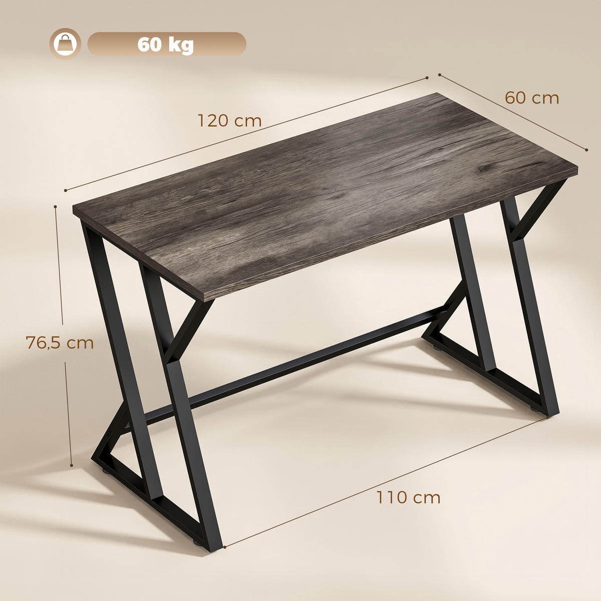 SCHREIBTISCH Grau 60.0/120.0/76.5 cm - Grau, Holzwerkstoff (60/120/76.5cm)