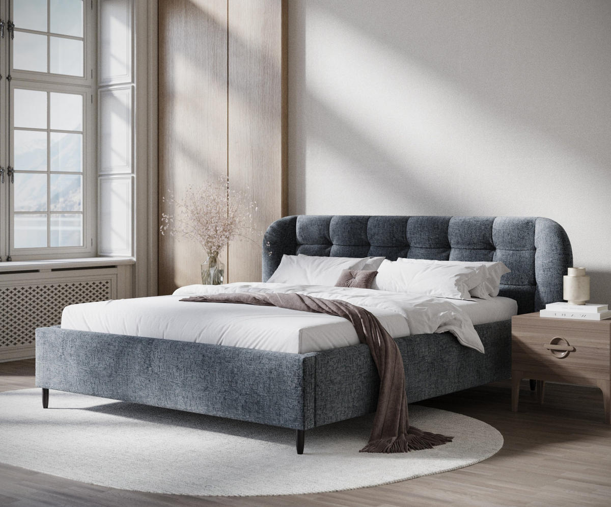 POLSTERBETT Nuno Blau Grau 160/200 cm im Chenille-Stoff - Blaugrau/Schwarz, Holz/Holzwerkstoff (160/200cm) - Maison de Reve