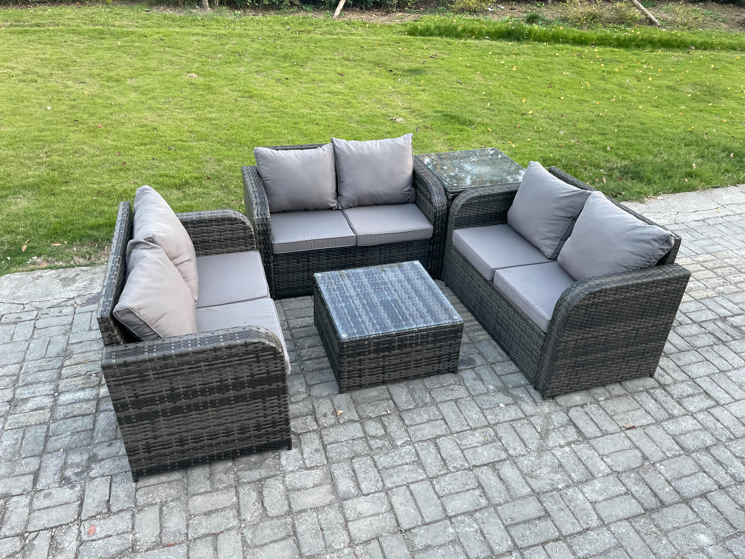 LOUNGESOFA-SET Polyrattan Dunkelgrau 6-Sitzer - Dunkelgrau, Metall - Fimous