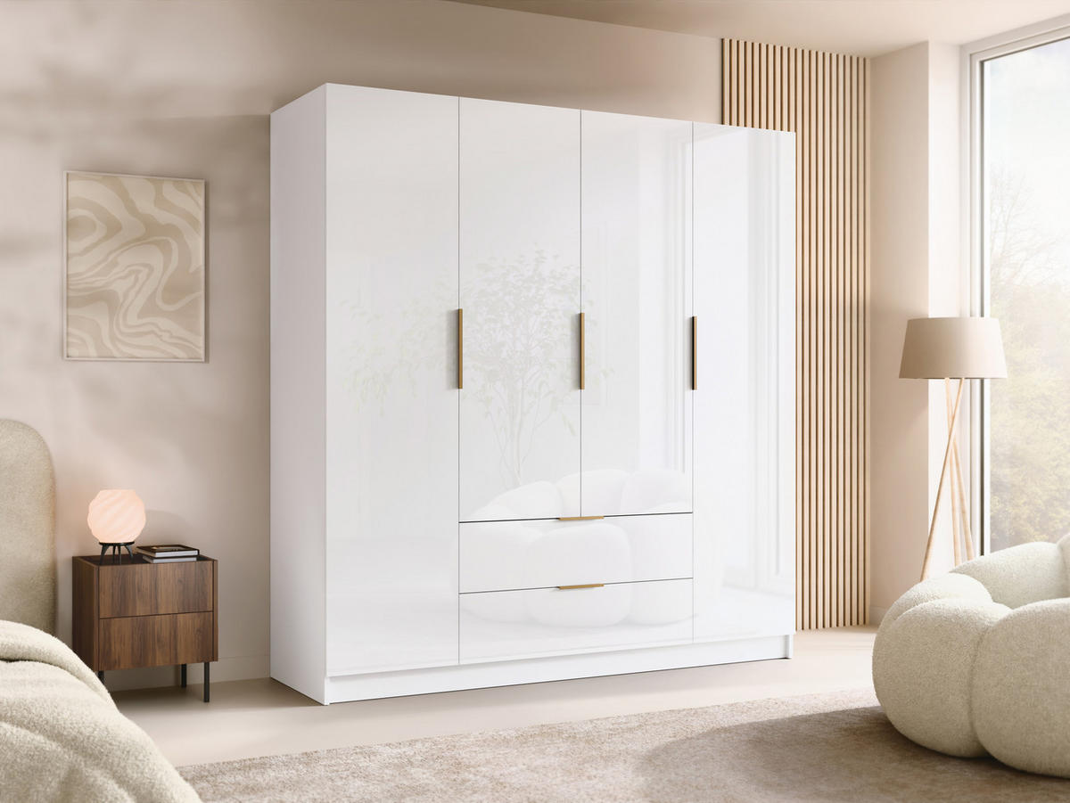 KLEIDERSCHRANK Sofia I Gloss - Weiß Hochglanz/Goldfarben, Holzwerkstoff/Kunststoff (200/216/60cm) - MIRJAN24