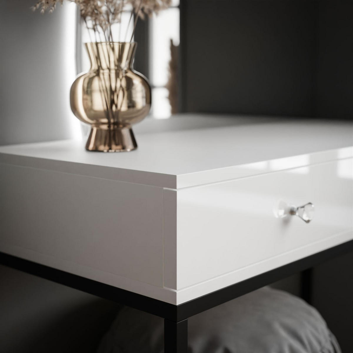 SCHMINKTISCH schwarz/weiß Hochglanz QUINNIE mit LED-Spiegel links Griff Kristall - Weiß Hochglanz/Schwarz, Holzwerkstoff (100/176/42cm) - Lookway