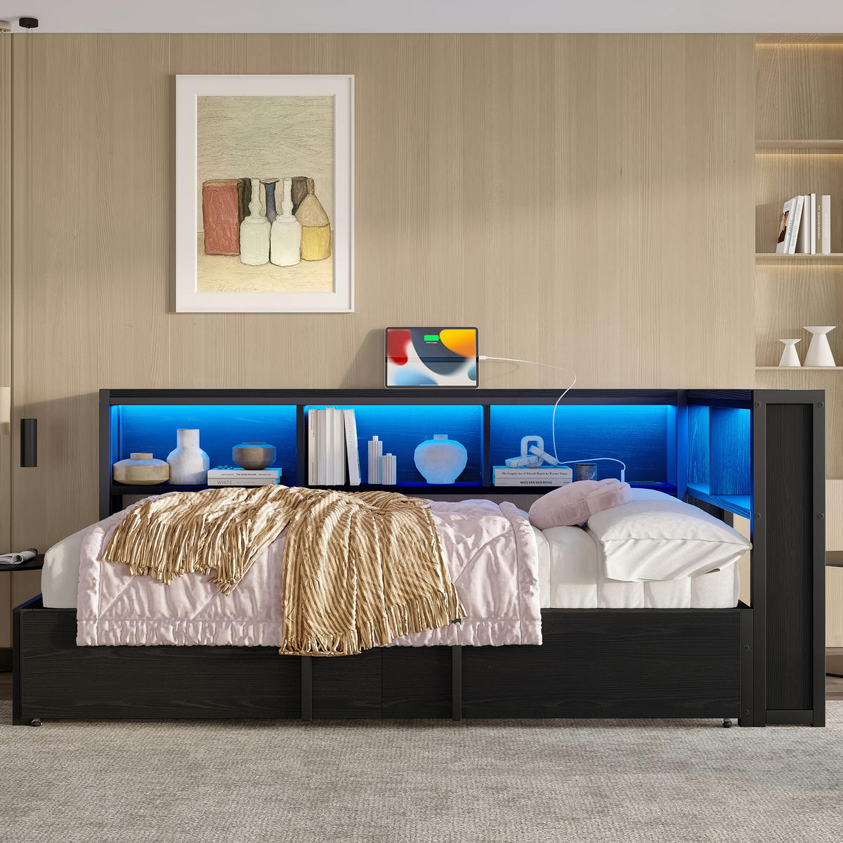 AUSZIEHBETT 90/200 cm DE-03418, mit Stauschränken, LED und USB, in Schwarz - Schwarz, Holzwerkstoff/Metall (90/200cm) - ComfortXL