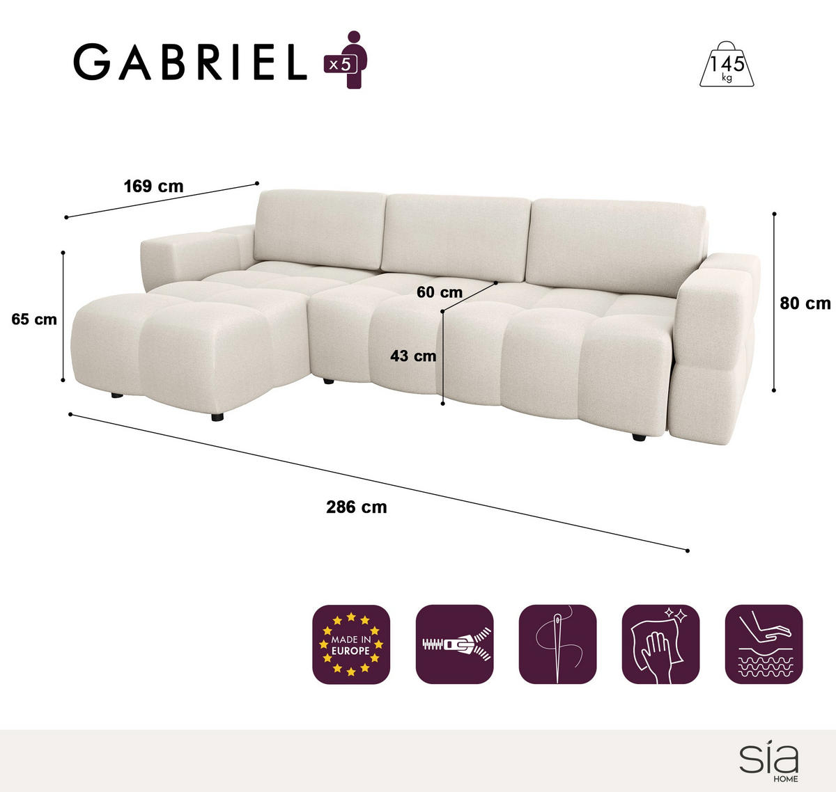 ECKSOFA LINKS SCHLAFSOFA Mit Stauraum Stoff creme 286 cm - Creme, Textil (169/286cm) - Sia Home