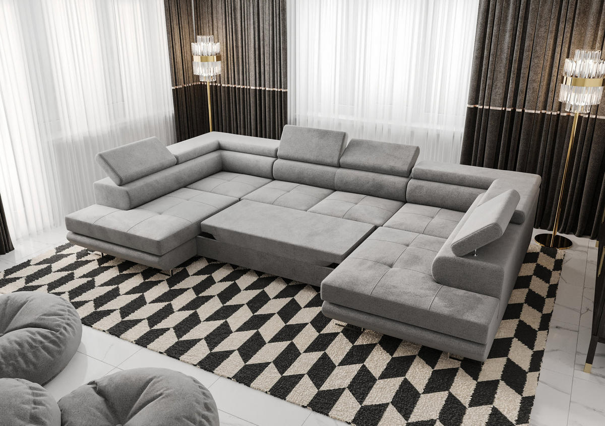 WOHNLANDSCHAFT PRAGA DESIGN U, Eckcouch in U-Form mit Schlaffunktion, Farbe: Blau, Velourstoff, Ottomane Universal - Blau, Textil (342/89/202cm) - O-Sofa