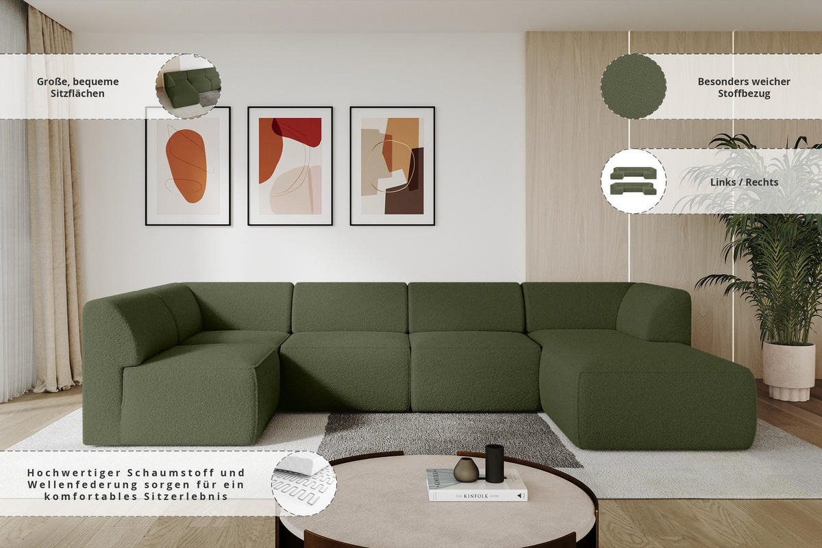 WOHNLANDSCHAFT Ottomane Rechts MOVO-L 345x180x78 cm Grün Bouclé - Schwarz/Grün, Holzwerkstoff/Kunststoff (345/78/180cm) - ALTDECOR