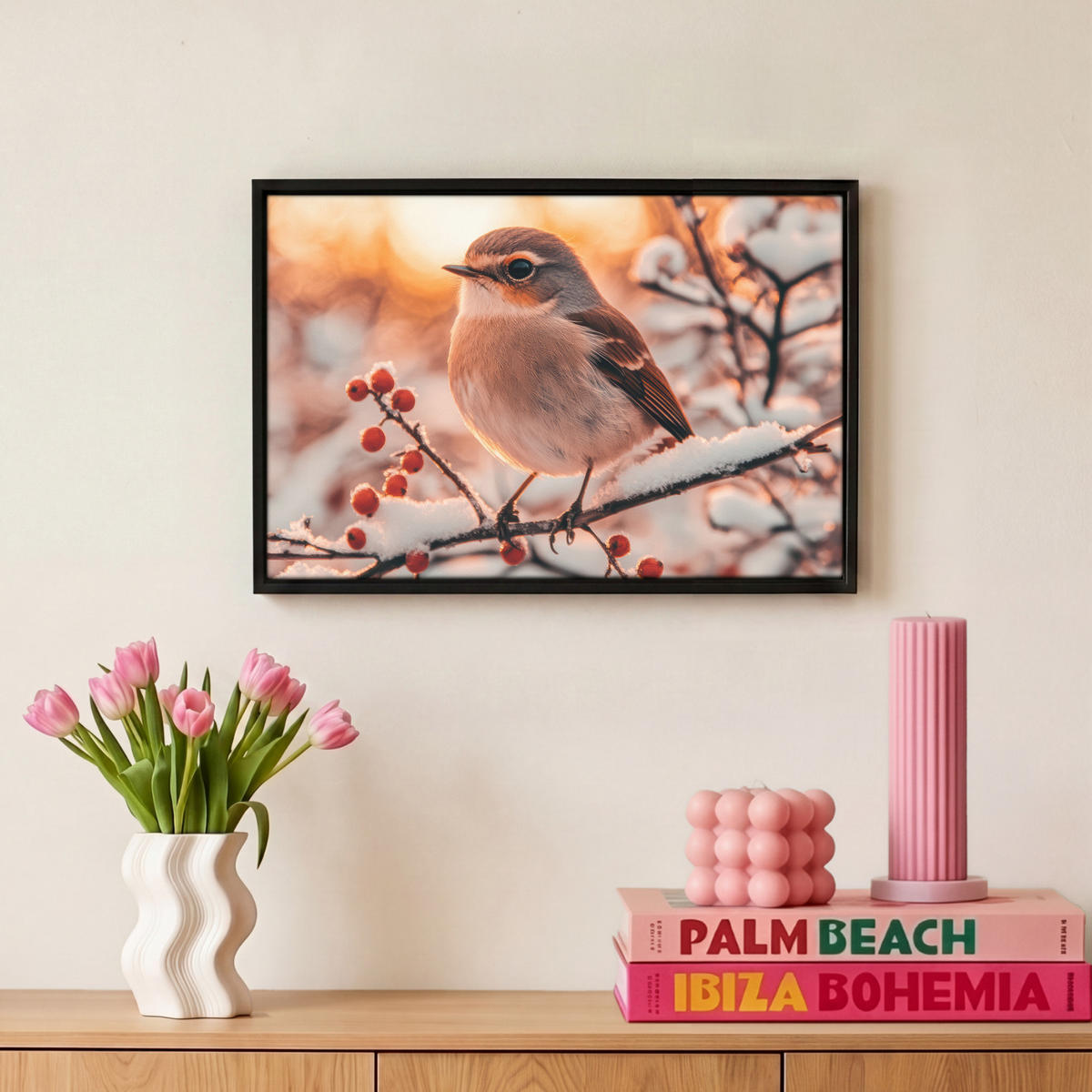 LEINWAND Bilder mit Rahmen - Vogel - Zweig - Winter - Tiere - Schnee - 30x20 - Bernsteinfarben, Textil (30/20cm) - MuchoWow