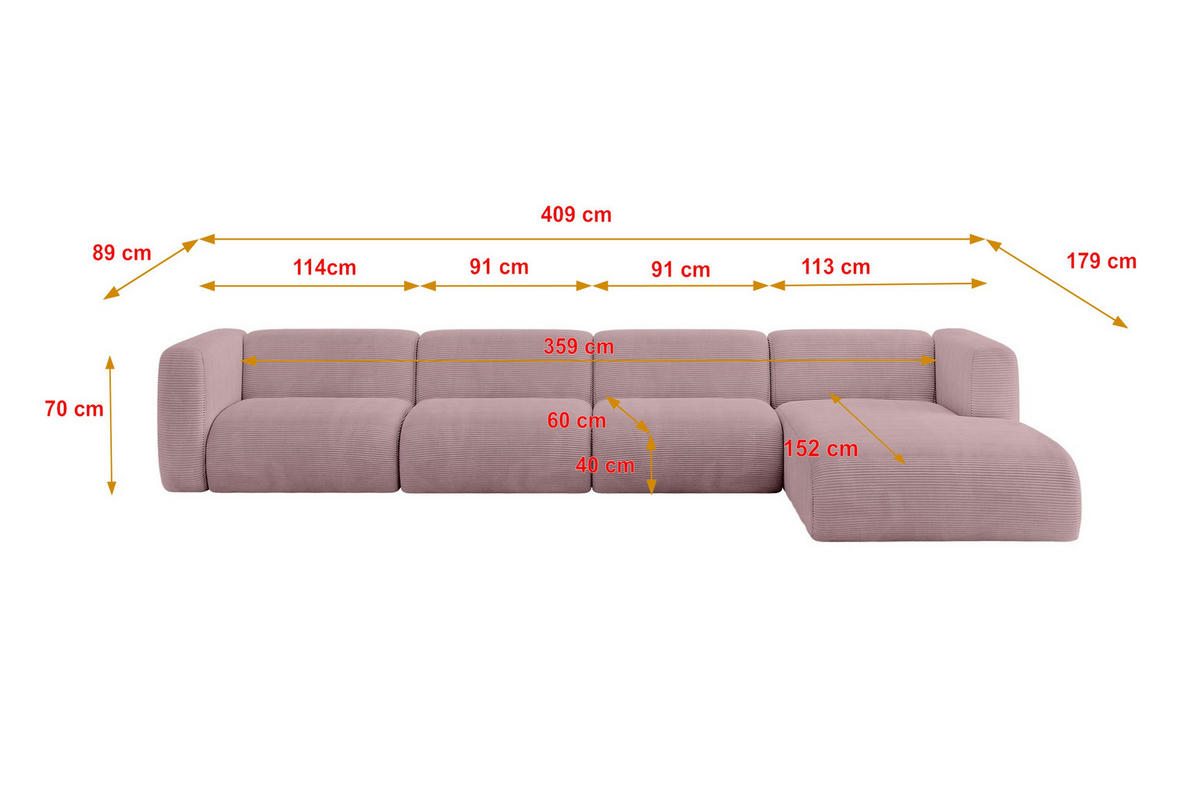 ECKSOFA Ottomane Rechts MIRA-L3 409x179x70 Rosa Cord - Schwarz/Rosa, Holzwerkstoff/Kunststoff (409/179cm) - ALTDECOR