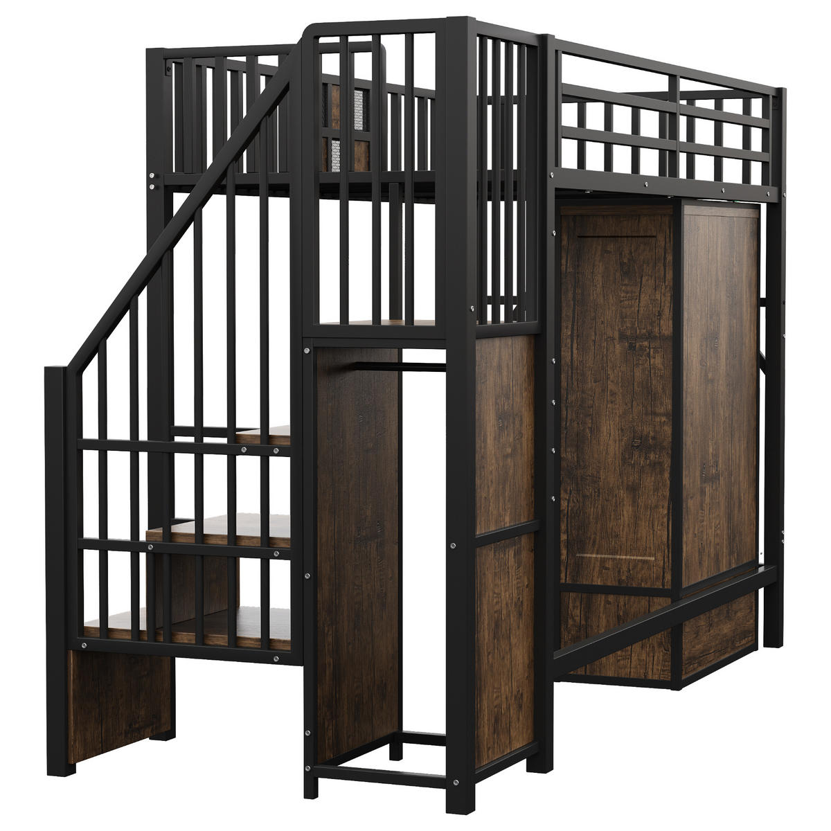 HOCHBETT 90/200 cm mit Kleiderschrank und Sicherheitsleiter schwarz - Schwarz, Metall (90/200cm) - OKWISH