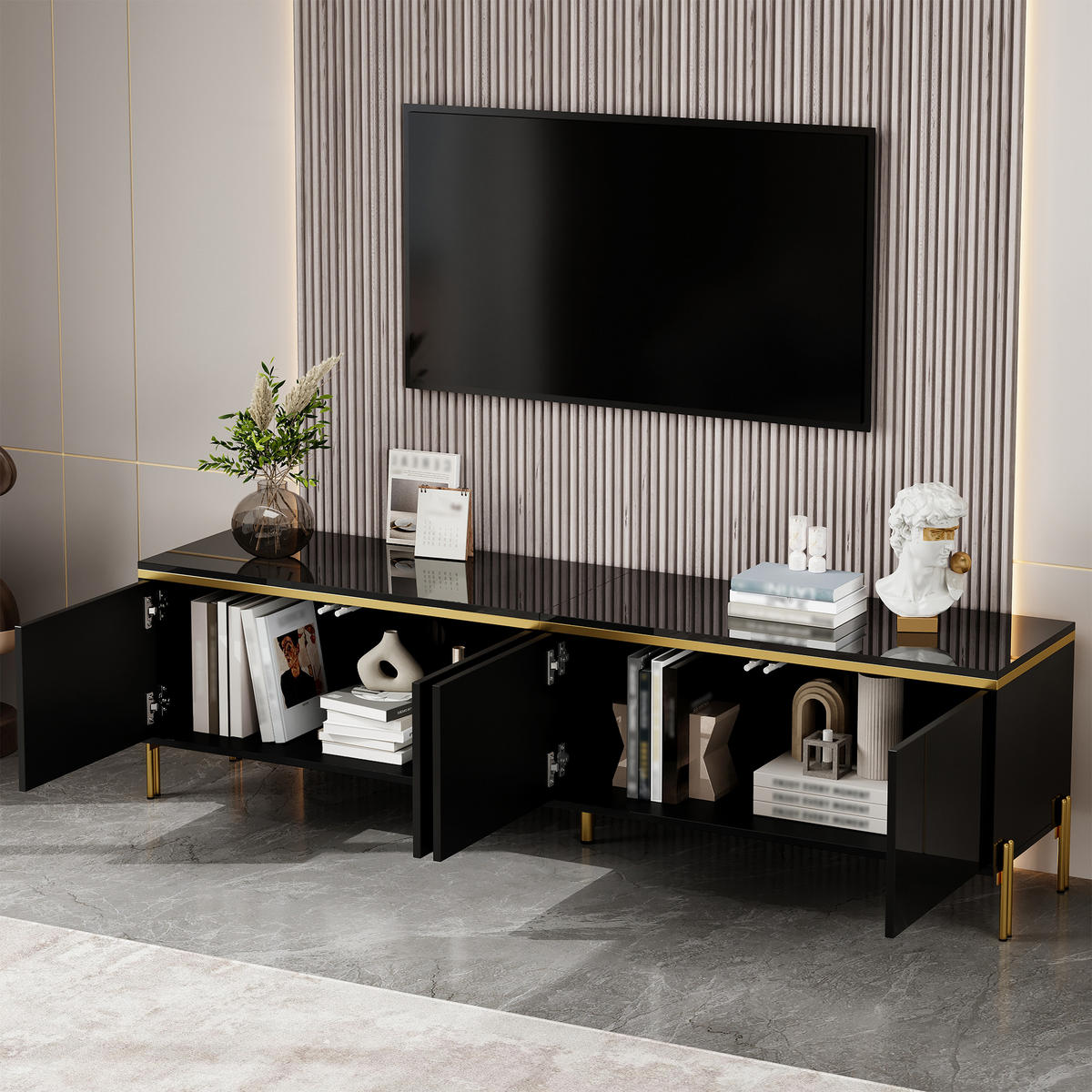 TV-STÄNDER Hochglanz 4 Türen Stauraum Kabelschnittstelle Goldkante - Schwarz, Holzwerkstoff (38/50/170cm) - FLIEKS