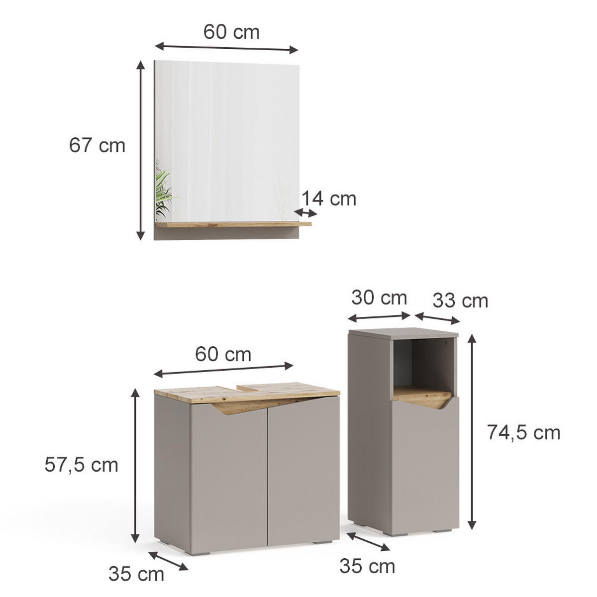 BADMÖBEL-KOMBINATION Marelle Greige 3 Teile, mit Midischrank - Greige, Holzwerkstoff (60/57/35cm) - Vicco