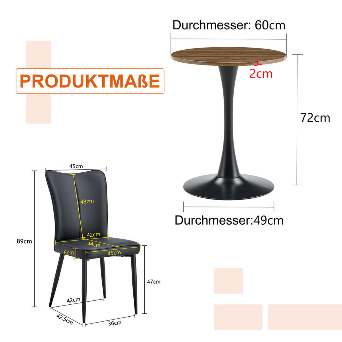TISCHGRUPPE Rund 60 cm 3-tlg. Schwarz MDF PU Leder - Schwarz, Holzwerkstoff/Metall (73.5/21.5/76cm) - Raelunyi